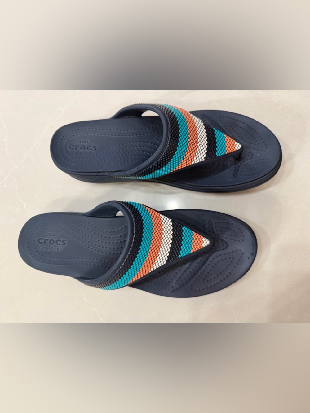 CROCS Monterey Women’s Navy Wedge Flip Flops with Multi Color Beaded Strap, 11